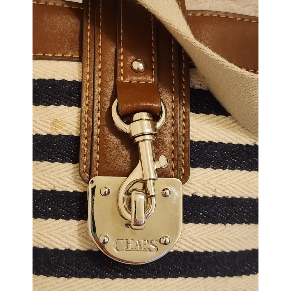 Chaps Crossbody Bag Navy & Cream Stripes W/ Brown Vegan Leather Trim - Picture 10 of 15